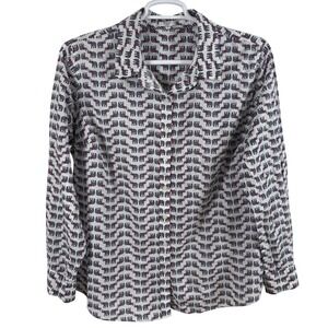 Crown & Ivy Women's Shirt 2X White Blue Elephant Print Cotton Button-Up Novelty